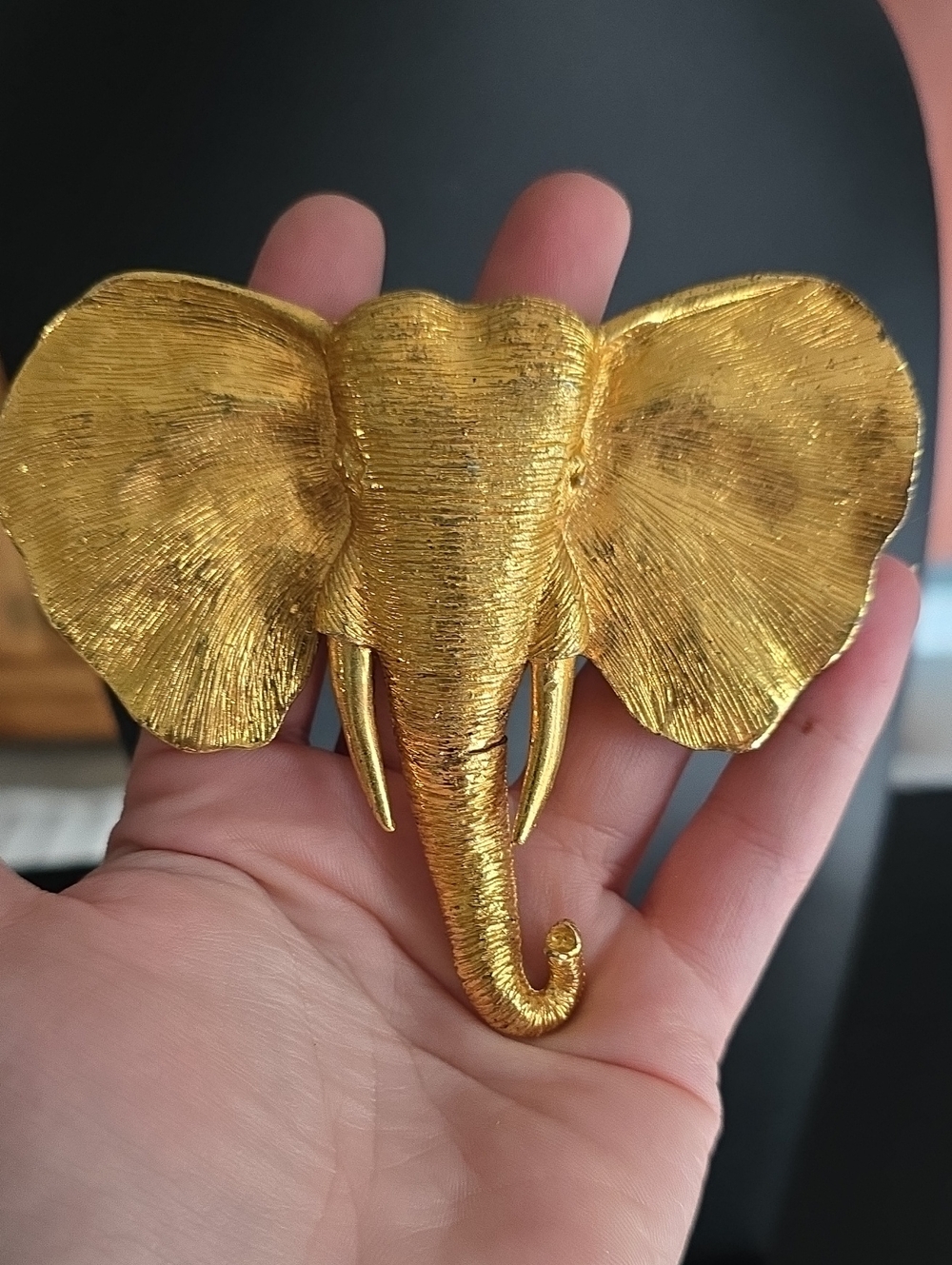 Vintage 1980s Large Gold-Tone Elephant Head Statement Brooch Pin